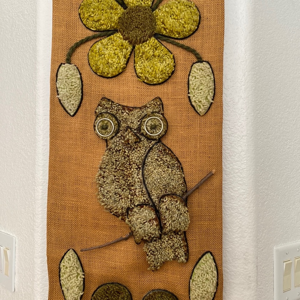 Burlap Owl & Flower Vintage Tapestry
